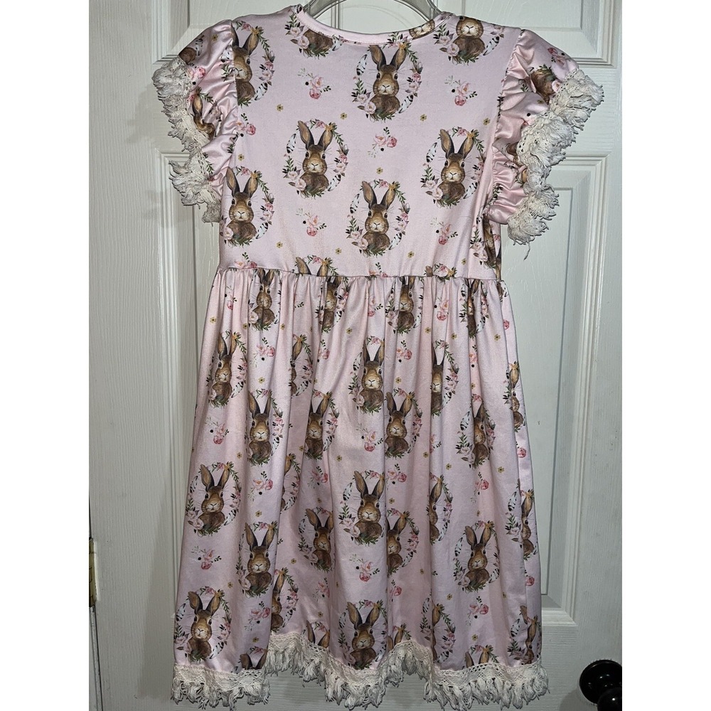 Little girls Easter bunny dress , pink , lace trim and fringe , 5xl , boutique - Picture 2 of 5